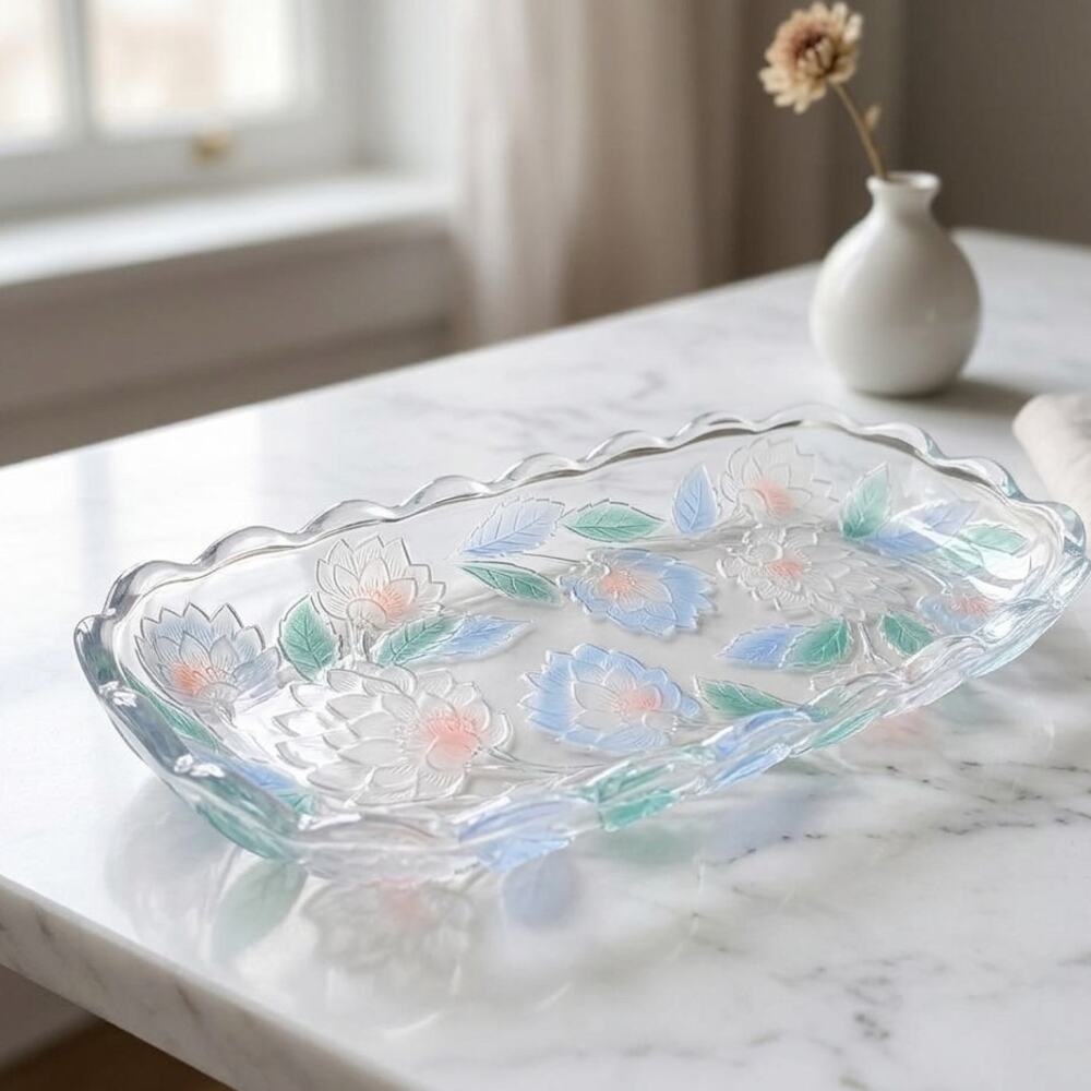 Vintage Crystal Clear Studios Japan Glass Tray – Frosted Chrysanthemum Lotus